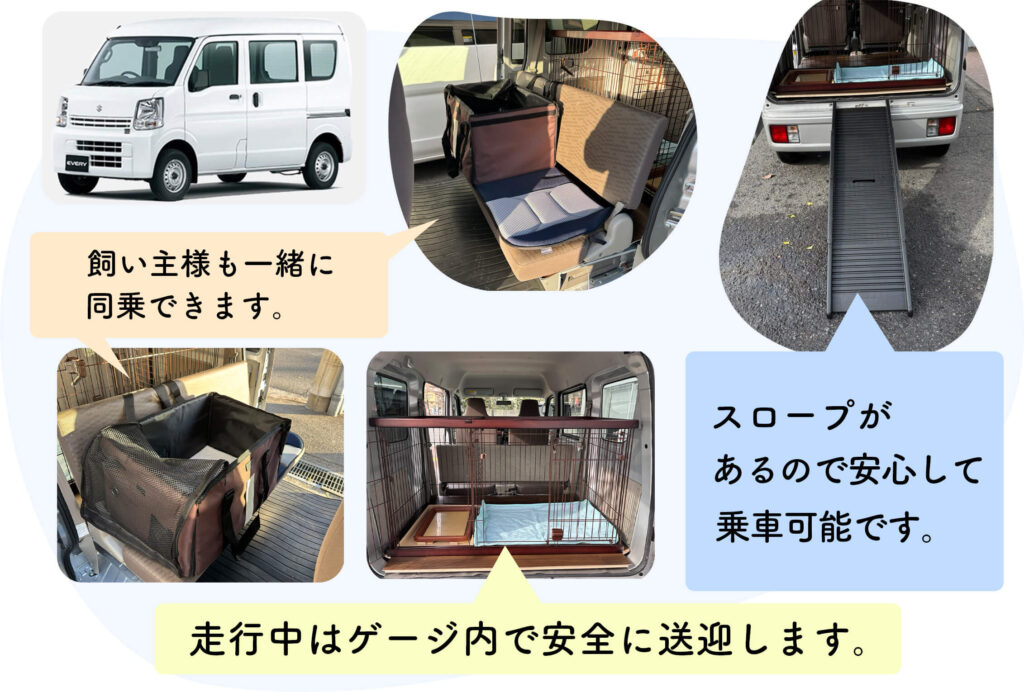 スロープがあるので安心して乗車できます。/走行中はケージ内で安全に送迎します。/飼い主様も一緒に同乗いただけます。